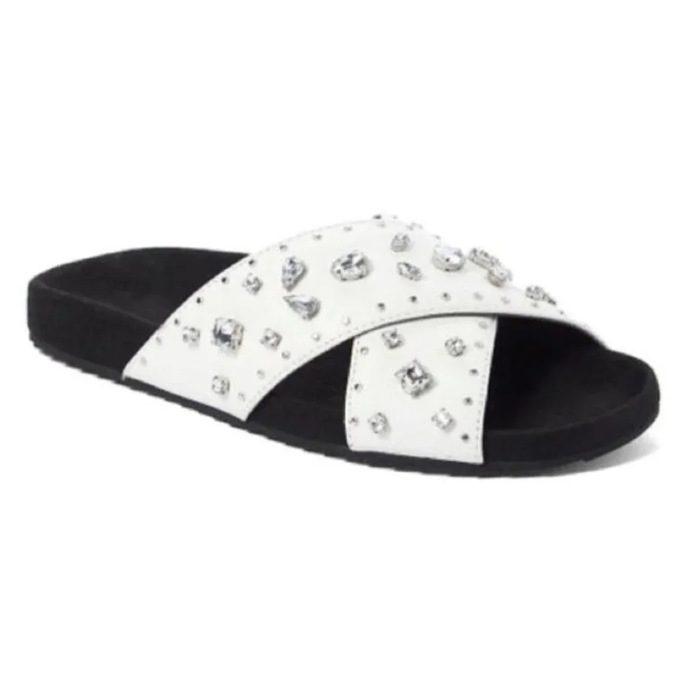 Rebecca Minkoff White Theo Jeweled Leather Slide Sandals - Picture 2 of 6